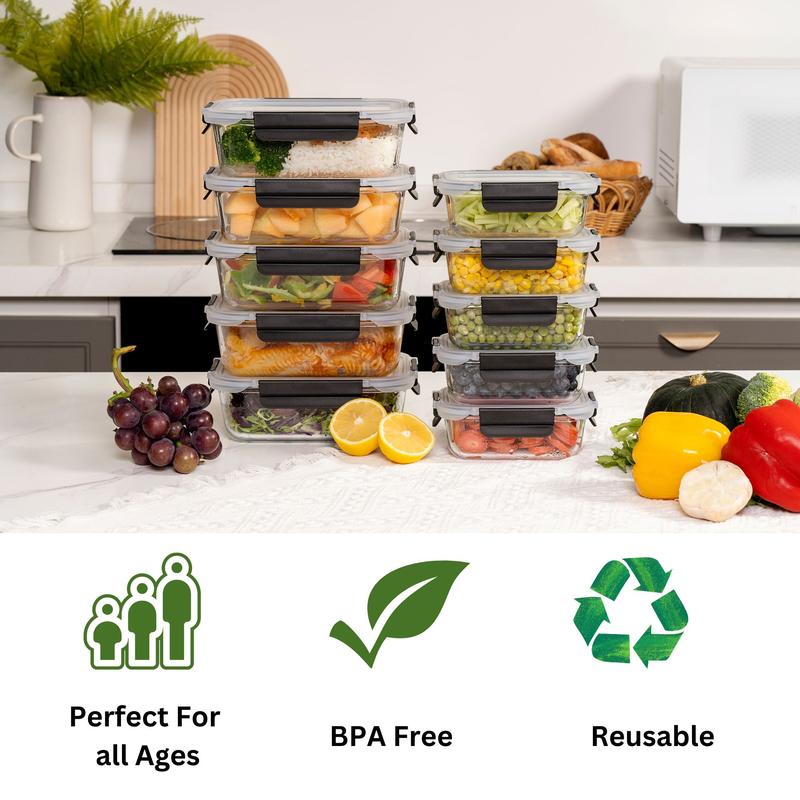 Glass Meal Prep Containers with Airtight Lids – Set of 10 – Reusable Glass Food Storage Containers with Lids – Leakproof, Freezer, Oven, Microwave & Dishwasher Safe