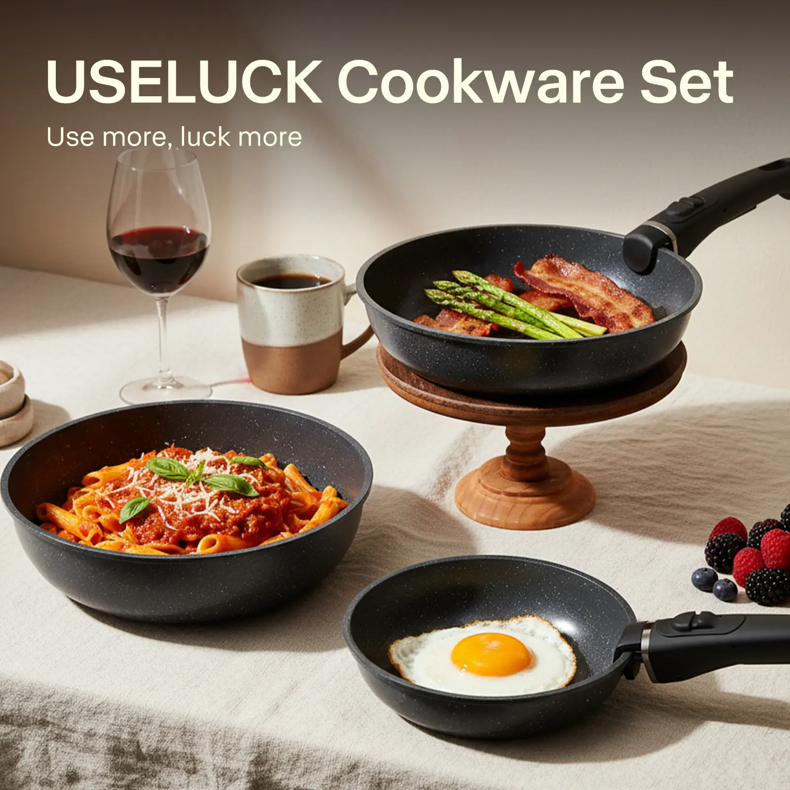 USELUCK-Camping and Baking Removable Handles, Non-Stick Cookware Sets, Essential Stackable Non-Stick Cookware Sets (Oven Safe and RV Friendly), Multiple Colors, Multiple Combinations Available