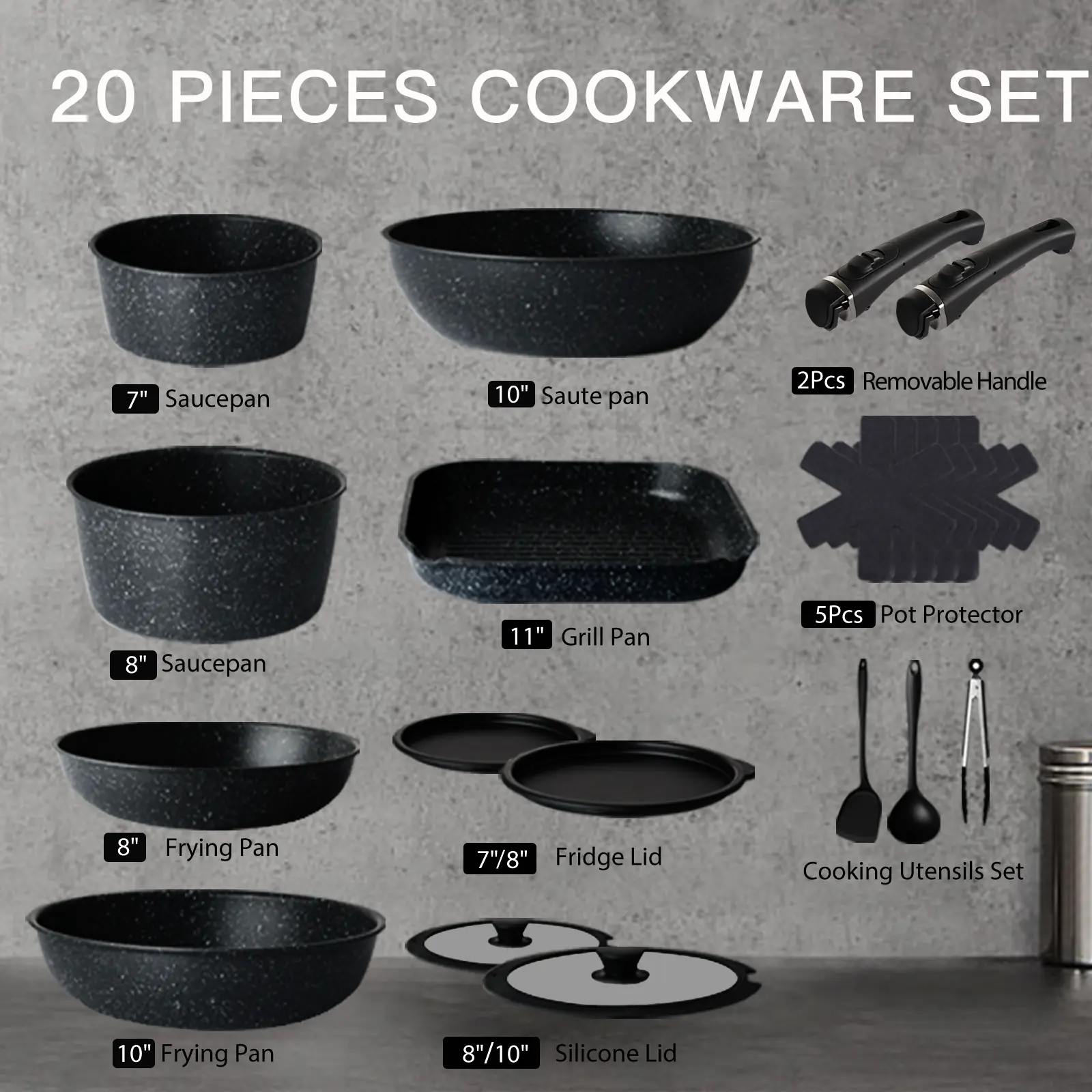 USELUCK-Camping and Baking Removable Handles, Non-Stick Cookware Sets, Essential Stackable Non-Stick Cookware Sets (Oven Safe and RV Friendly), Multiple Colors, Multiple Combinations Available