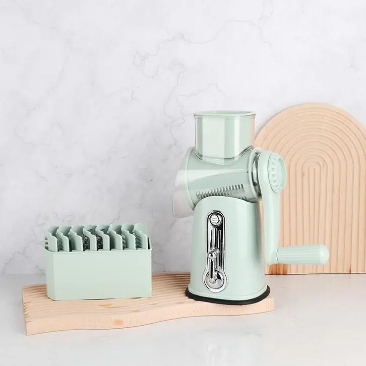 Rotary Cheese Grater with Handle - Vegetable Shredder with 5 Blades, Strong Suction Base, Round Mandoline Slicer & Blade Storage Box Kitchen Steel Stainless Utensils Curve Smooth