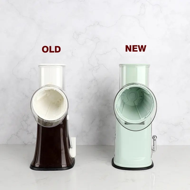 Rotary Cheese Grater with Handle - Vegetable Shredder with 5 Blades, Strong Suction Base, Round Mandoline Slicer & Blade Storage Box Kitchen Steel Stainless Utensils Curve Smooth