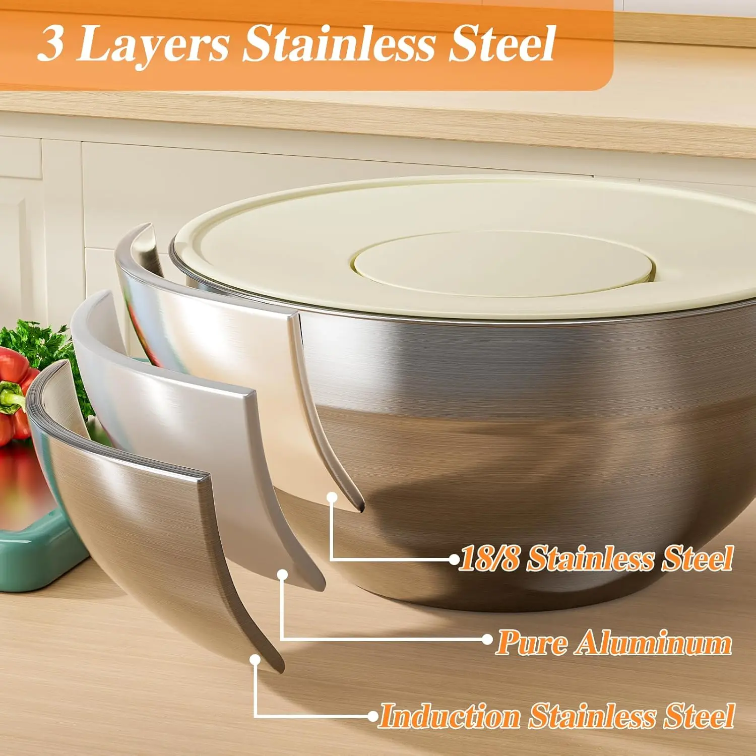 Mixing Bowl Set, 6 PCS Stainless Steel Mixing Bowls with 3 Grinder Attachments, Kitchen Food Organizer Nesting Mixing Bowls Tableware Durable