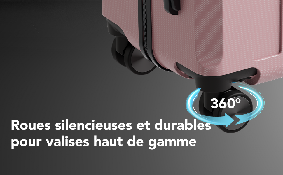 Le texte se lit comme suit : &laquo; Roues silencieuses et durables pour valises haut de gamme &raquo;. Montre une roue &agrave; bagages avec capacit&eacute; de rotation &agrave; 360 degr&eacute;s indiqu&eacute;e par une fl&egrave;che circulaire bleue.
