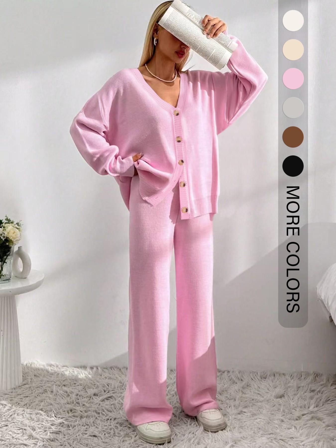 Women's V-Neck Button-Front Drop-Shoulder Cardigan & Elastic-Waist Wide-Leg Pants, 2-Piece Casual Lounge Set for Fall & Winter, Cozy Solid Long-Sleeve Knitwear Loungewear
