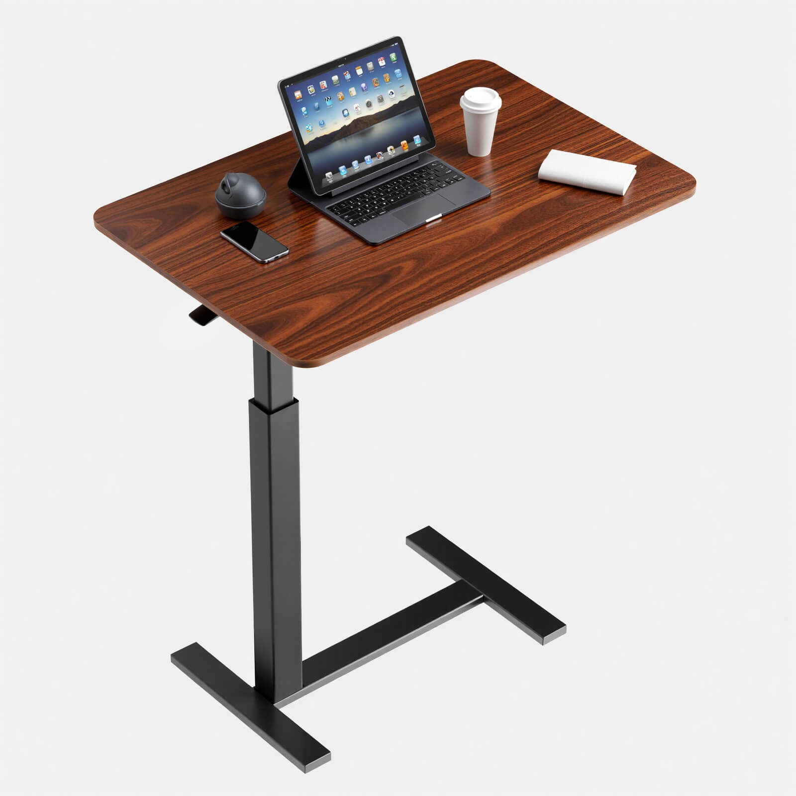 L-Shaped Modern Bedside Table with Wheels, Adjustable Height Tray, Mobile Laptop PC Workstation