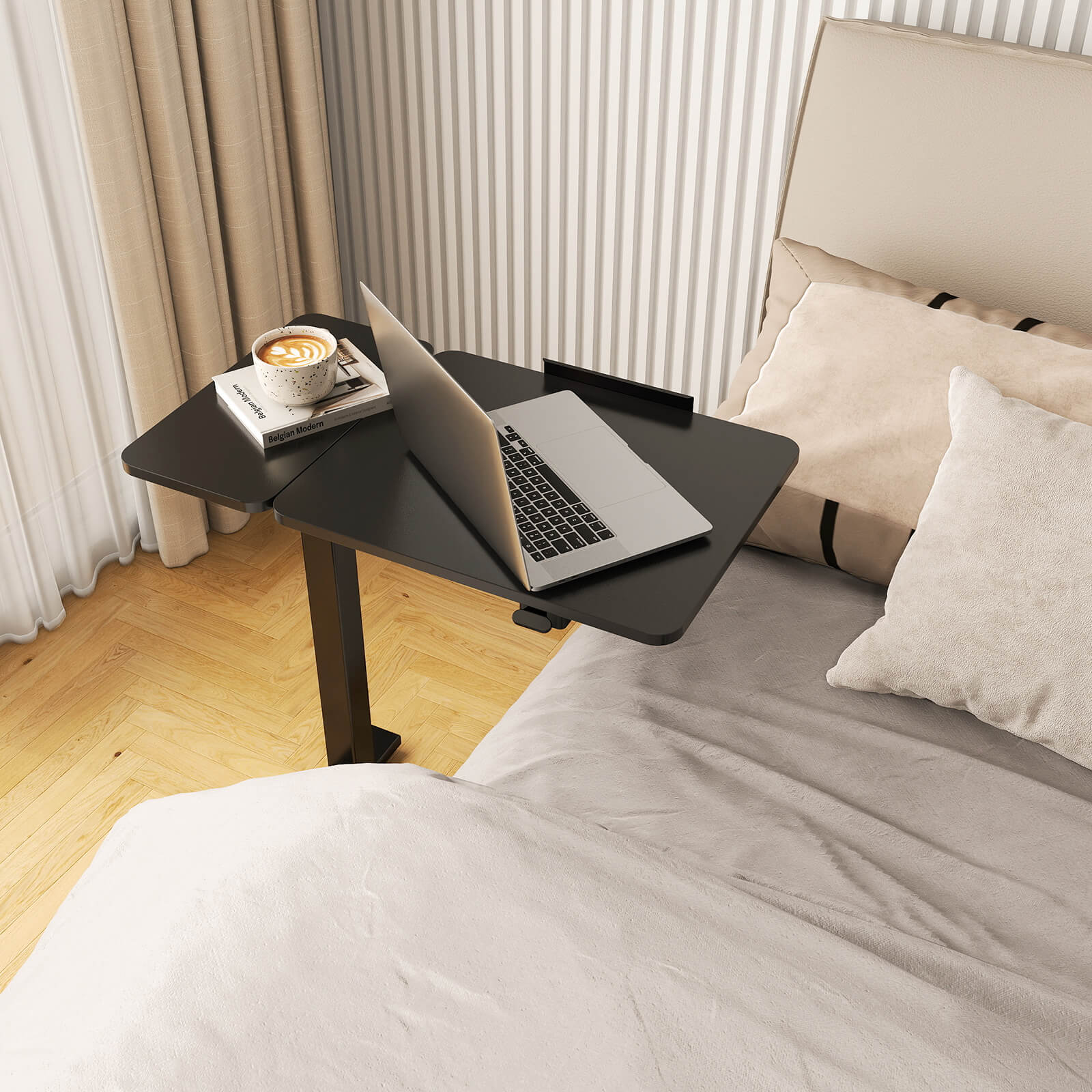 L-Shaped Modern Bedside Table with Wheels, Adjustable Height Tray, Mobile Laptop PC Workstation