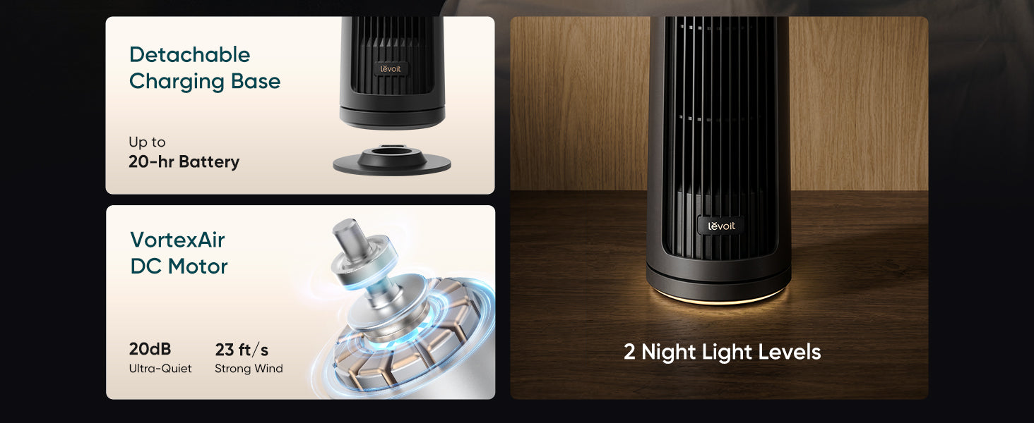 Product features: detachable charging base, 20-hour battery, VortexAir DC motor, ultra-quiet at 20dB, strong wind, and two night light levels.