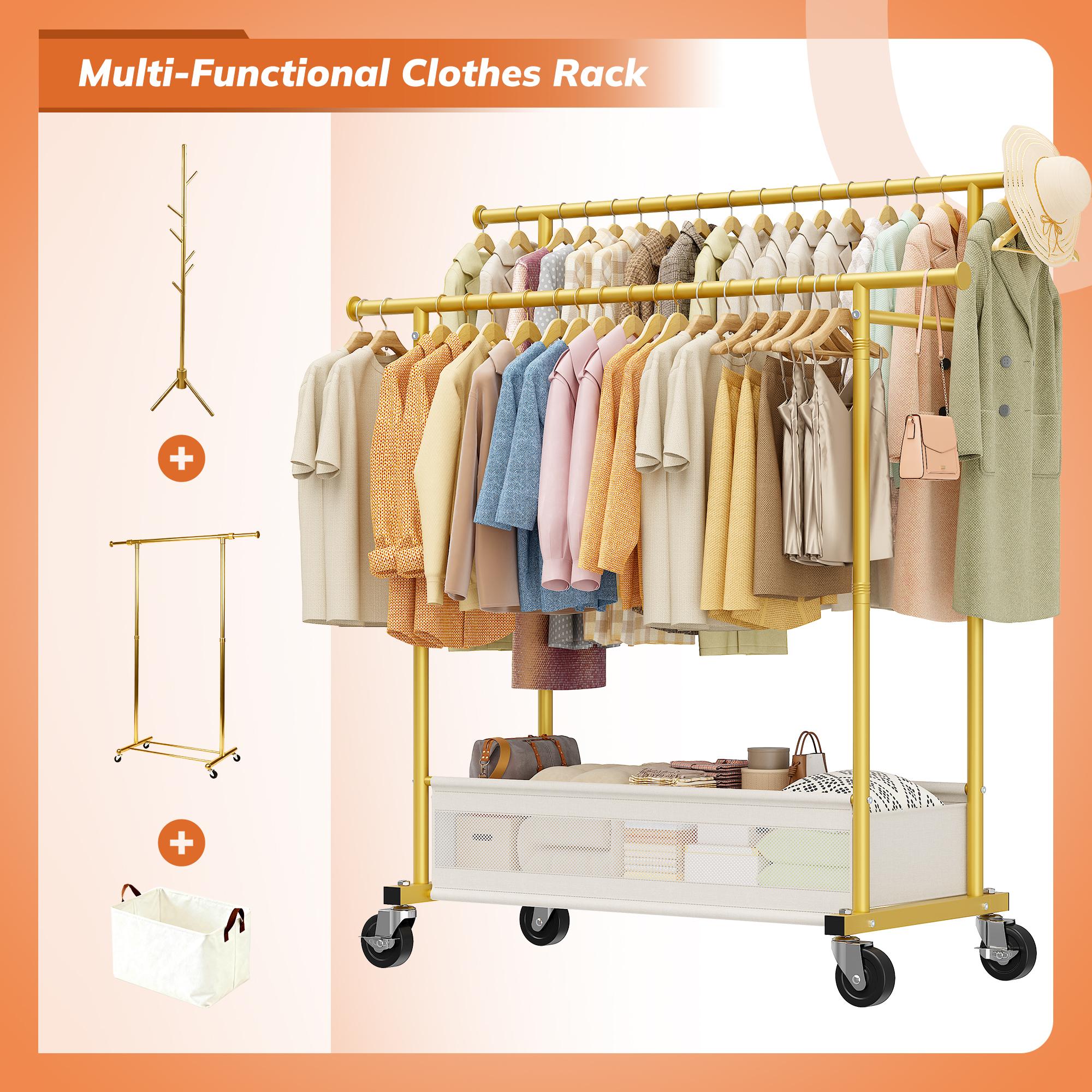 Raybee Heavy Duty Clothing Racks with Net Pocket Holds Up to 210lbs,Double Rod Metal Clothes Rack for Hanging, Rolling Garment Rack with Wheels Portable Closet Racks for Bedroom, Laundry Room,Dorm, Black, White, Gold