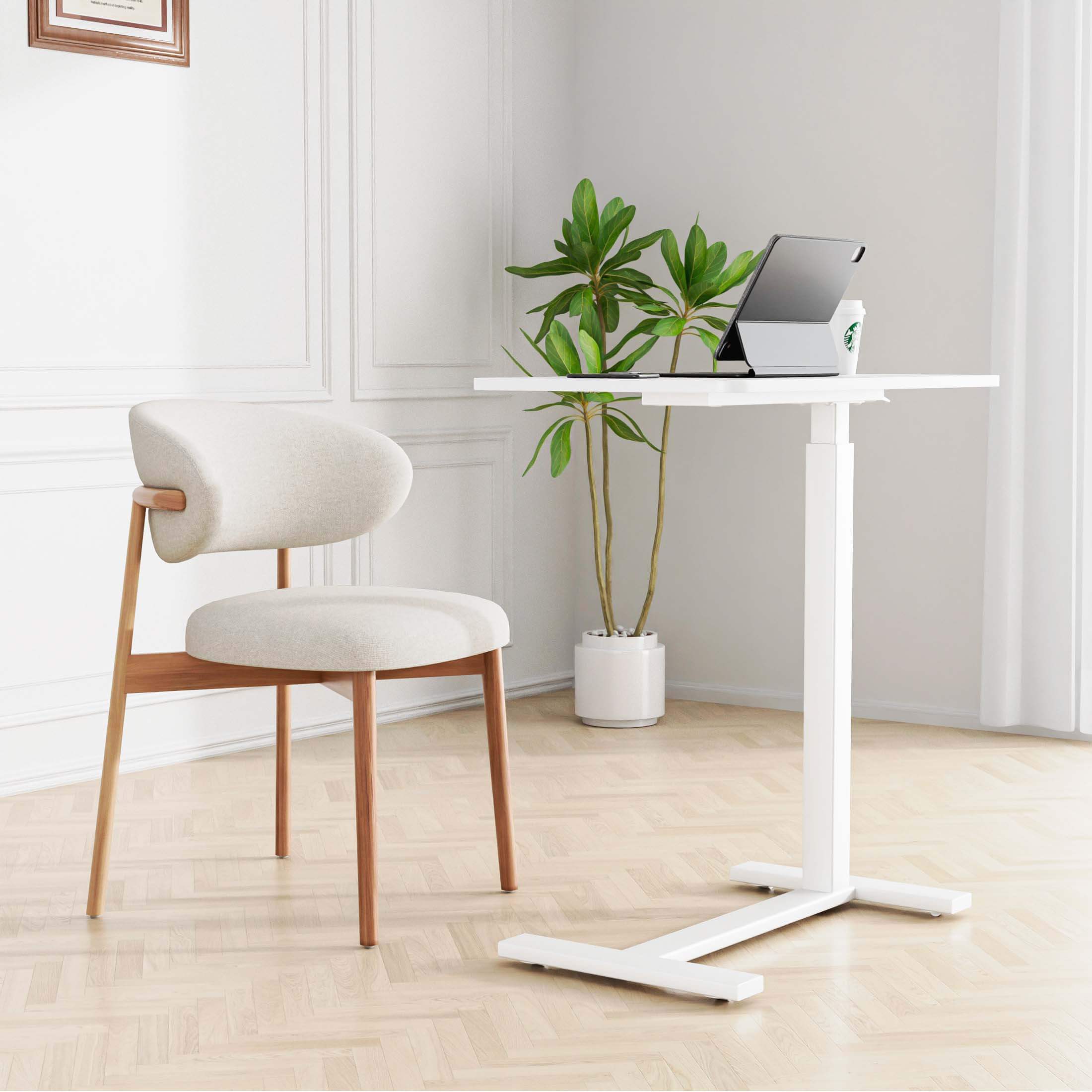 L-Shaped Modern Bedside Table with Wheels, Adjustable Height Tray, Mobile Laptop PC Workstation