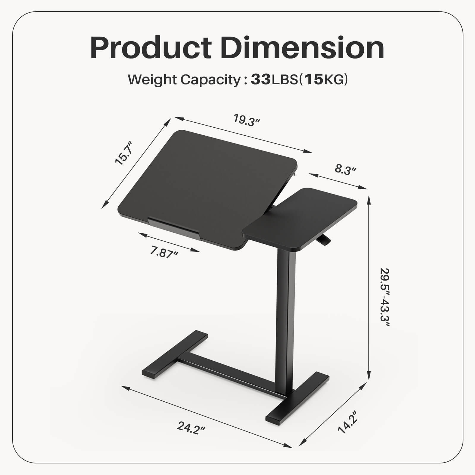 L-Shaped Modern Bedside Table with Wheels, Adjustable Height Tray, Mobile Laptop PC Workstation