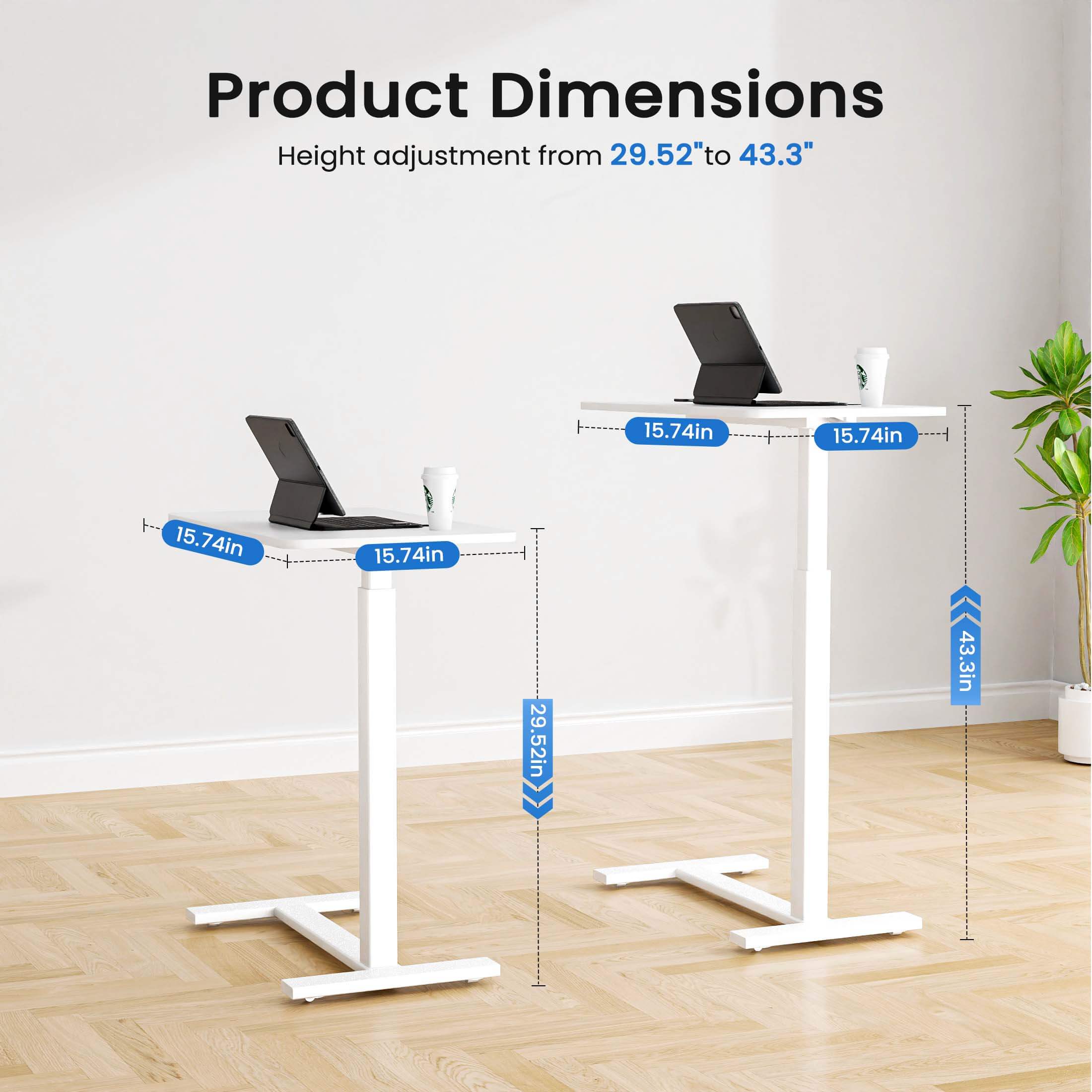L-Shaped Modern Bedside Table with Wheels, Adjustable Height Tray, Mobile Laptop PC Workstation