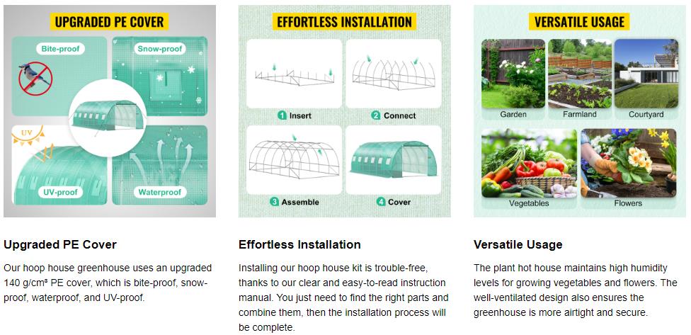 【Summerfinds】VEVOR Outdoor Metal Walk-in Tunnel Greenhouse Kit, Portable Hot House with 20x10x7 ft Max Size, Galvanized Steel Hoops, 3 Top Beams, 2 Zippered Doors, Diagonal Poles, Airflow Design for All Year Round Use