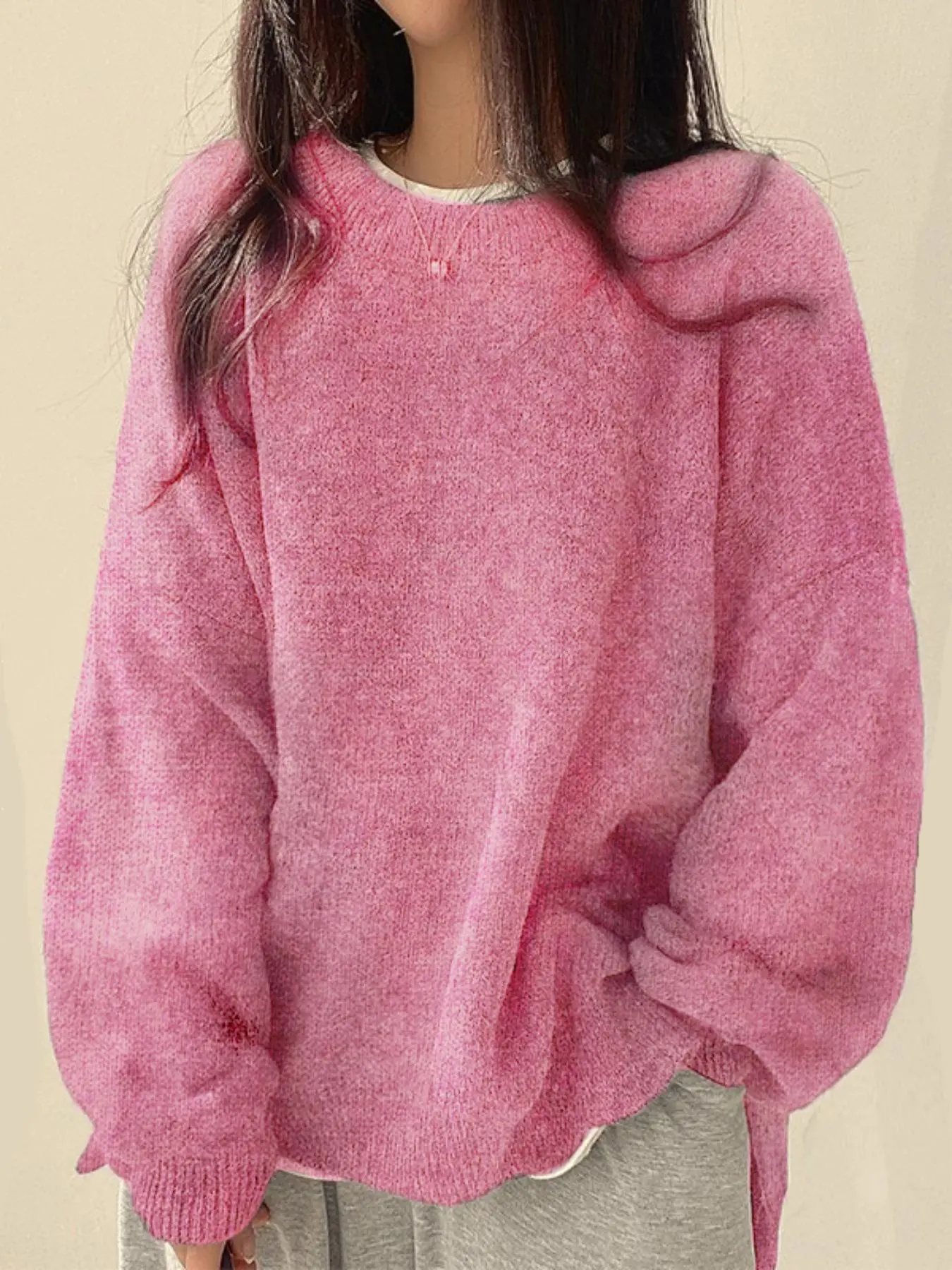 Women’s Long Sleeve Knit Sweater – Relaxed Drop Shoulder Jumper with Split Hem