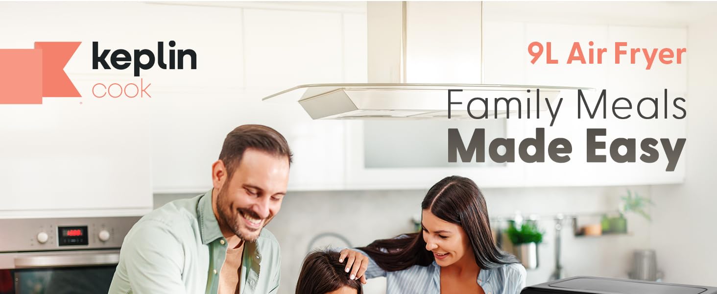 Text reads 'Image 4', 'keplin', '9L Air Fryer', 'Family Meals Made Easy'. Digital air fryer product lifestyle photography showing device and cooking scene.