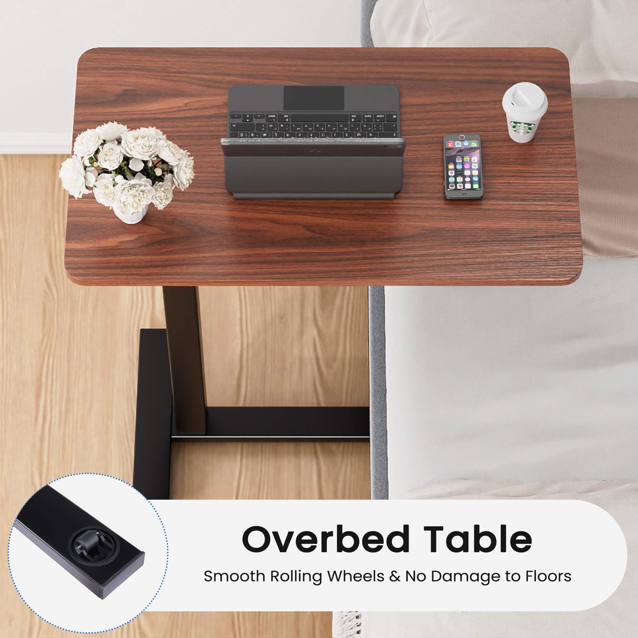L-Shaped Modern Bedside Table with Wheels, Adjustable Height Tray, Mobile Laptop PC Workstation