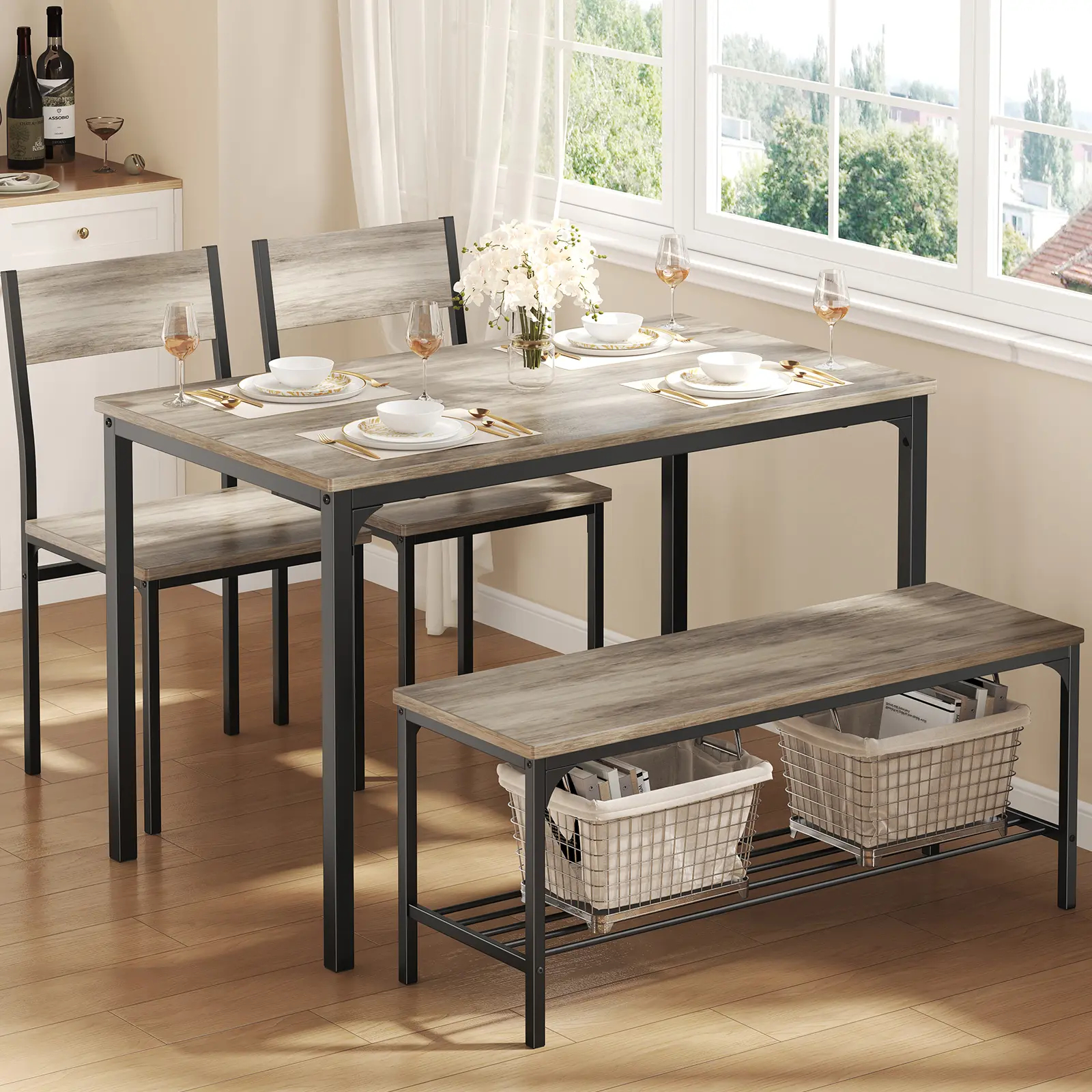4-Piece Space-Saving Dining Set with Bench - Durable Kitchen Table and Chairs for Dining & Working