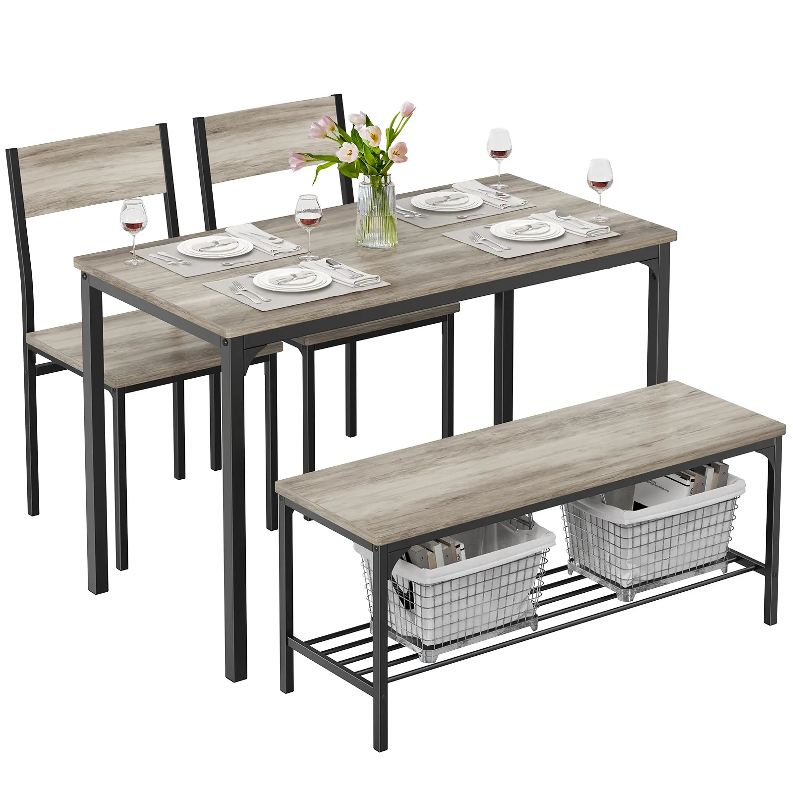 4-Piece Space-Saving Dining Set with Bench - Durable Kitchen Table and Chairs for Dining & Working