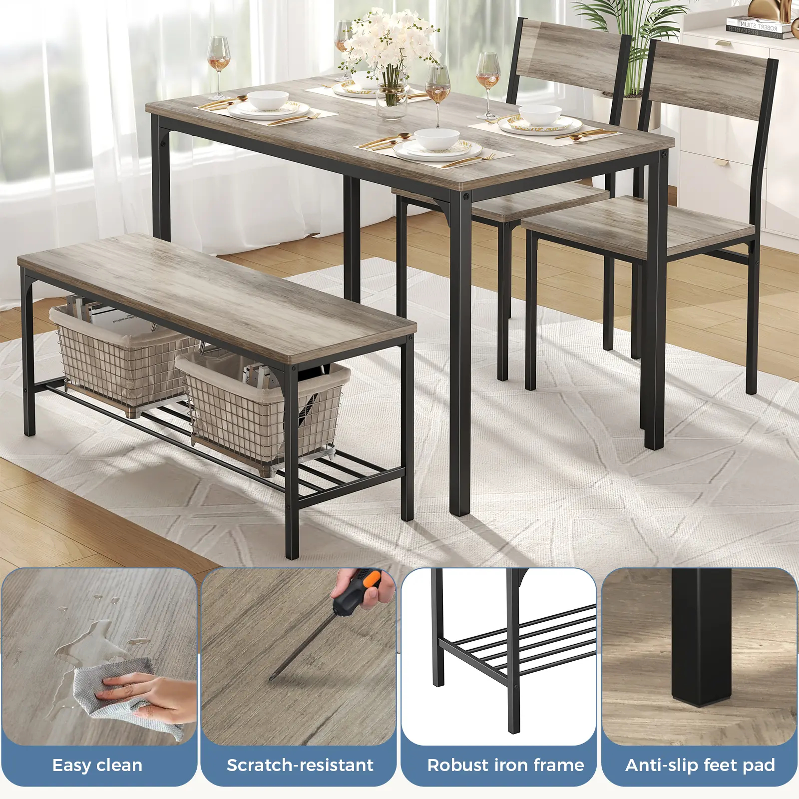 4-Piece Space-Saving Dining Set with Bench - Durable Kitchen Table and Chairs for Dining & Working