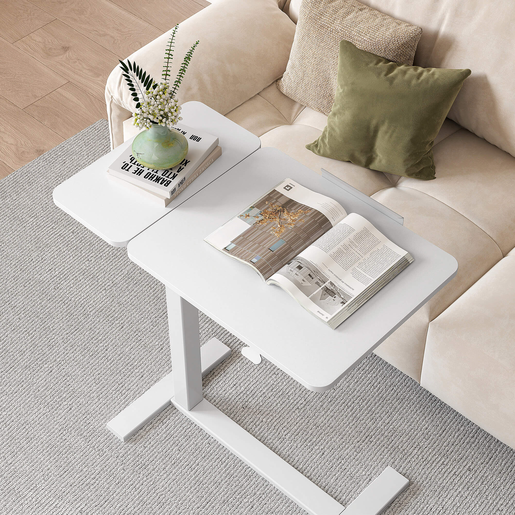 L-Shaped Modern Bedside Table with Wheels, Adjustable Height Tray, Mobile Laptop PC Workstation