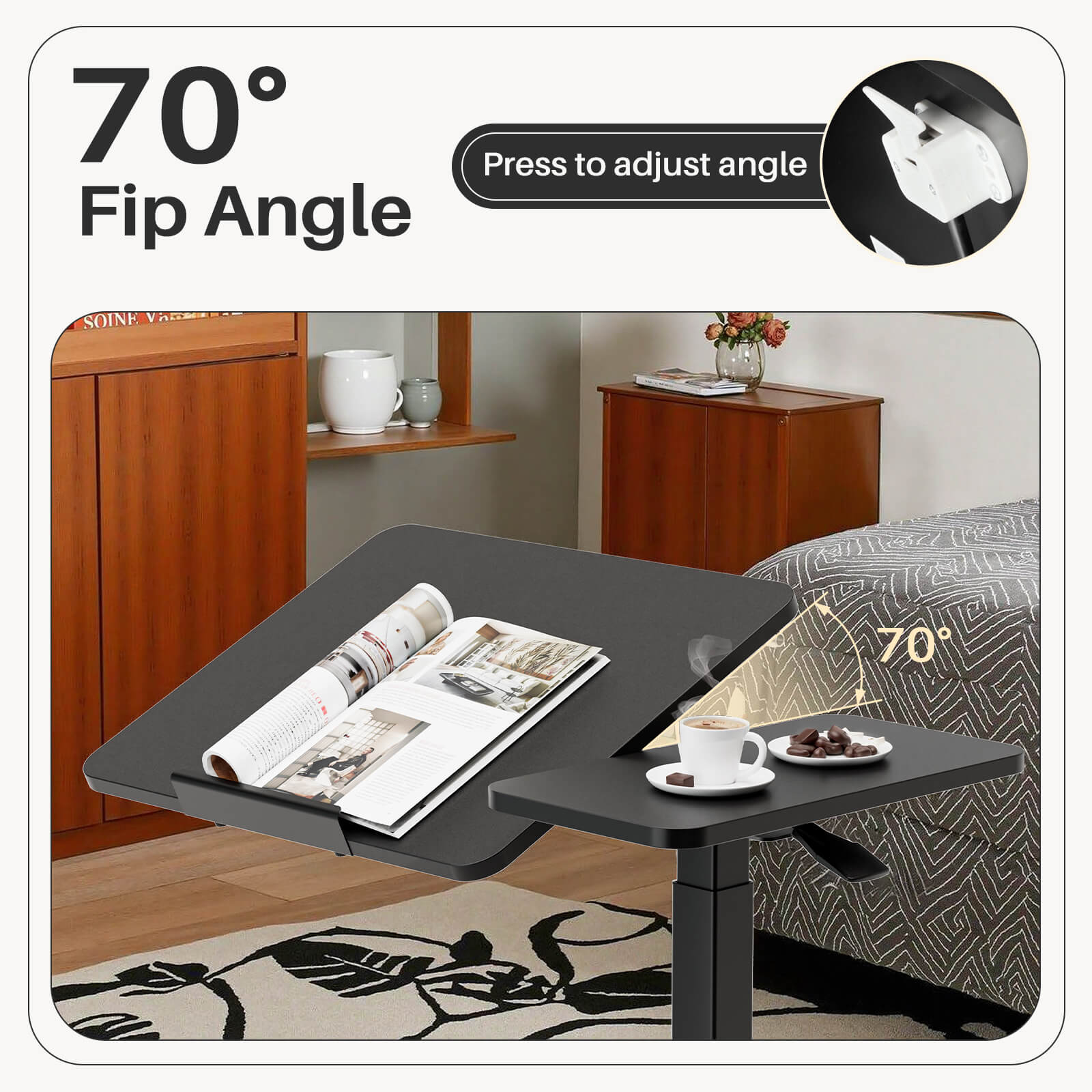L-Shaped Modern Bedside Table with Wheels, Adjustable Height Tray, Mobile Laptop PC Workstation