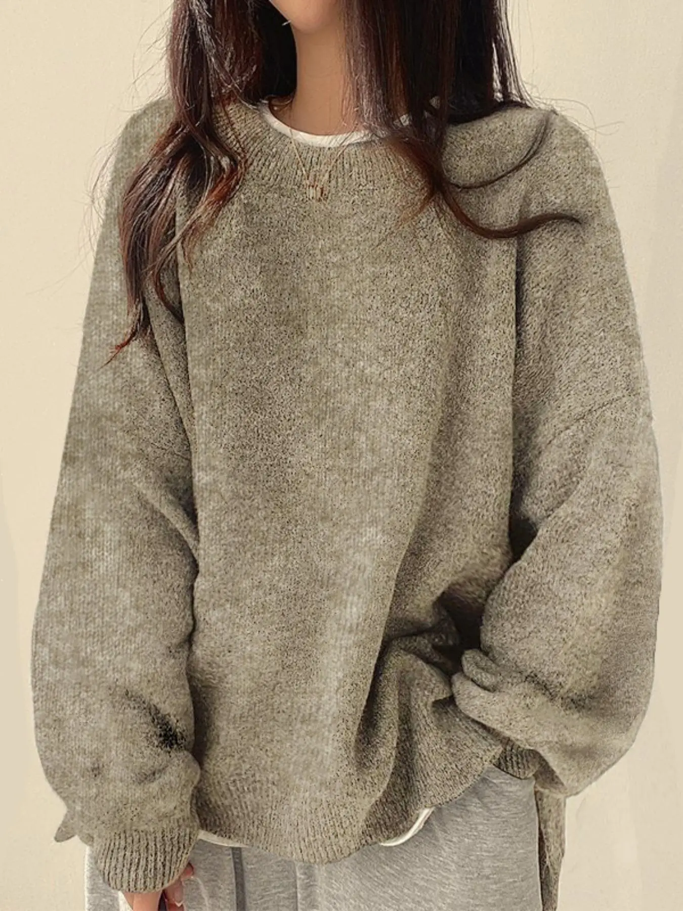Women’s Long Sleeve Knit Sweater – Relaxed Drop Shoulder Jumper with Split Hem