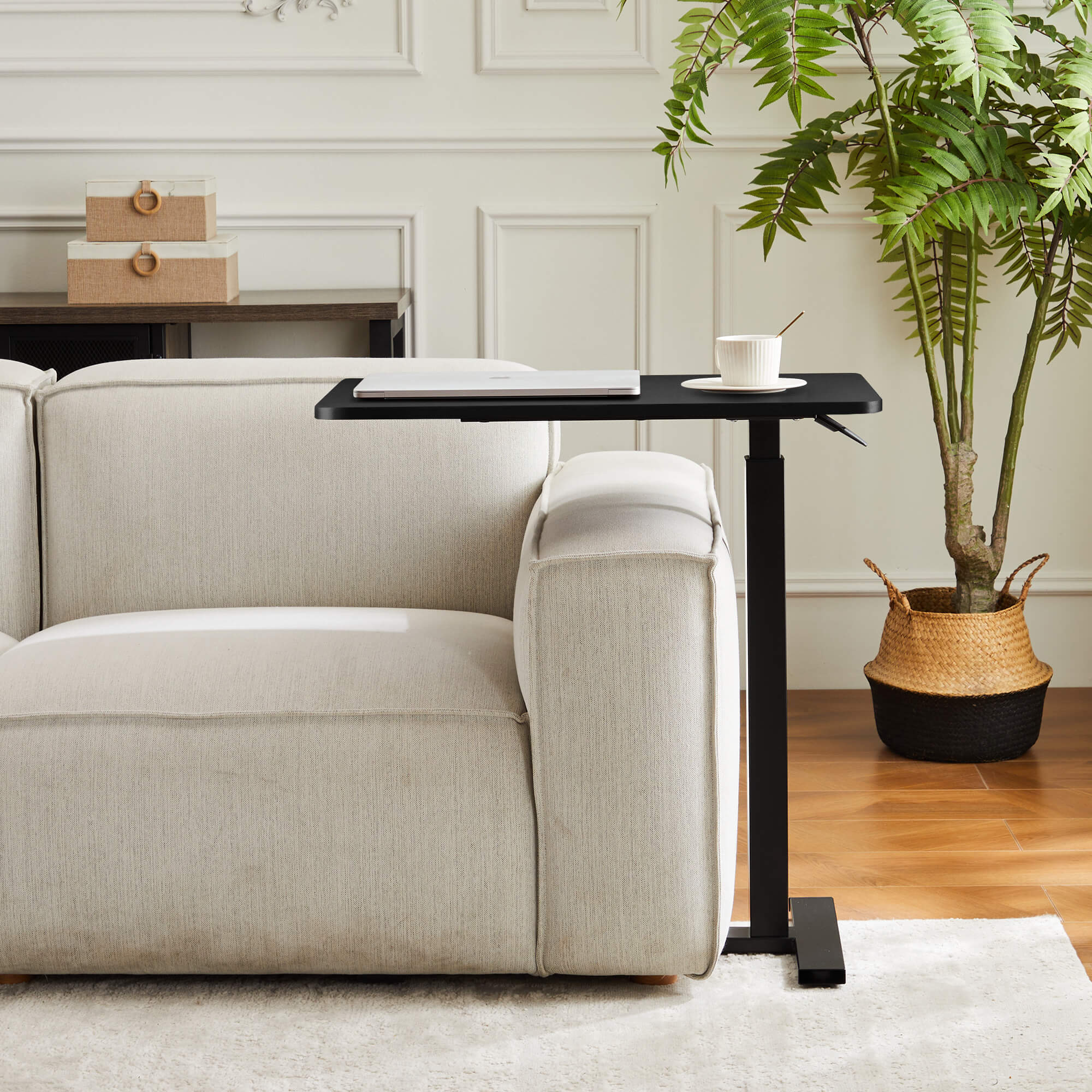 L-Shaped Modern Bedside Table with Wheels, Adjustable Height Tray, Mobile Laptop PC Workstation