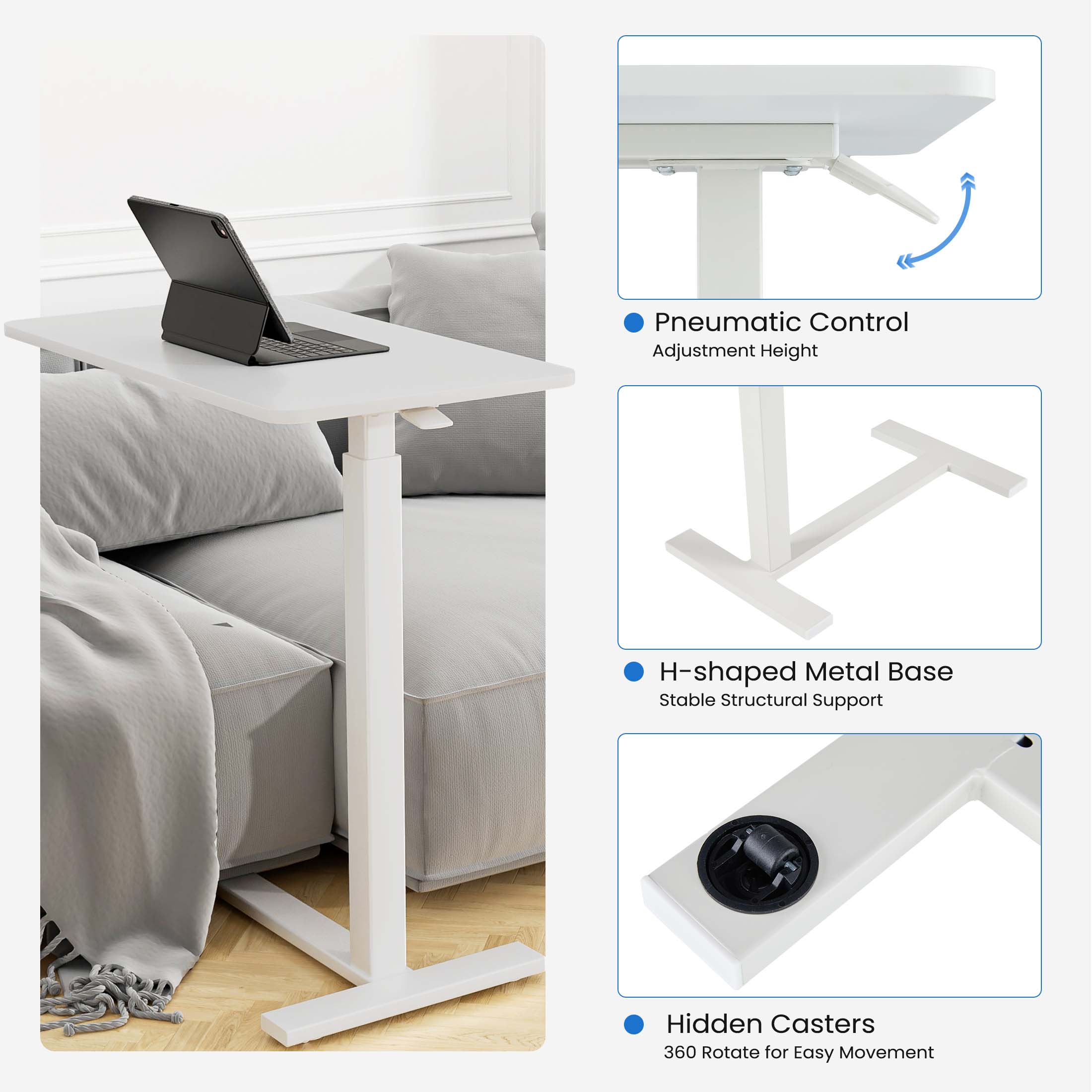 L-Shaped Modern Bedside Table with Wheels, Adjustable Height Tray, Mobile Laptop PC Workstation