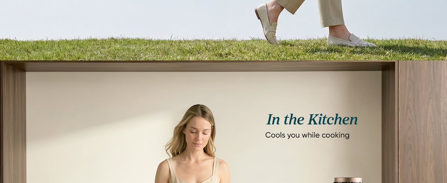 A split image featuring a person walking on grass above and a woman cooking in a modern kitchen below, with text about cooling while cooking.
