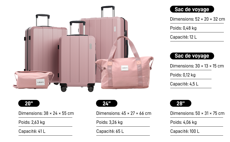 Ensemble de bagages en or rose de quatre pi&egrave;ces dont les sp&eacute;cifications sont indiqu&eacute;es. Dimensions 28 x 21 x 48 cm, 24 x 21 x 42 cm et 20 x 21 x 35 cm r&eacute;pertori&eacute;es avec des poids correspondants de 3,42 kg, 2,91 kg et 2,54 kg.