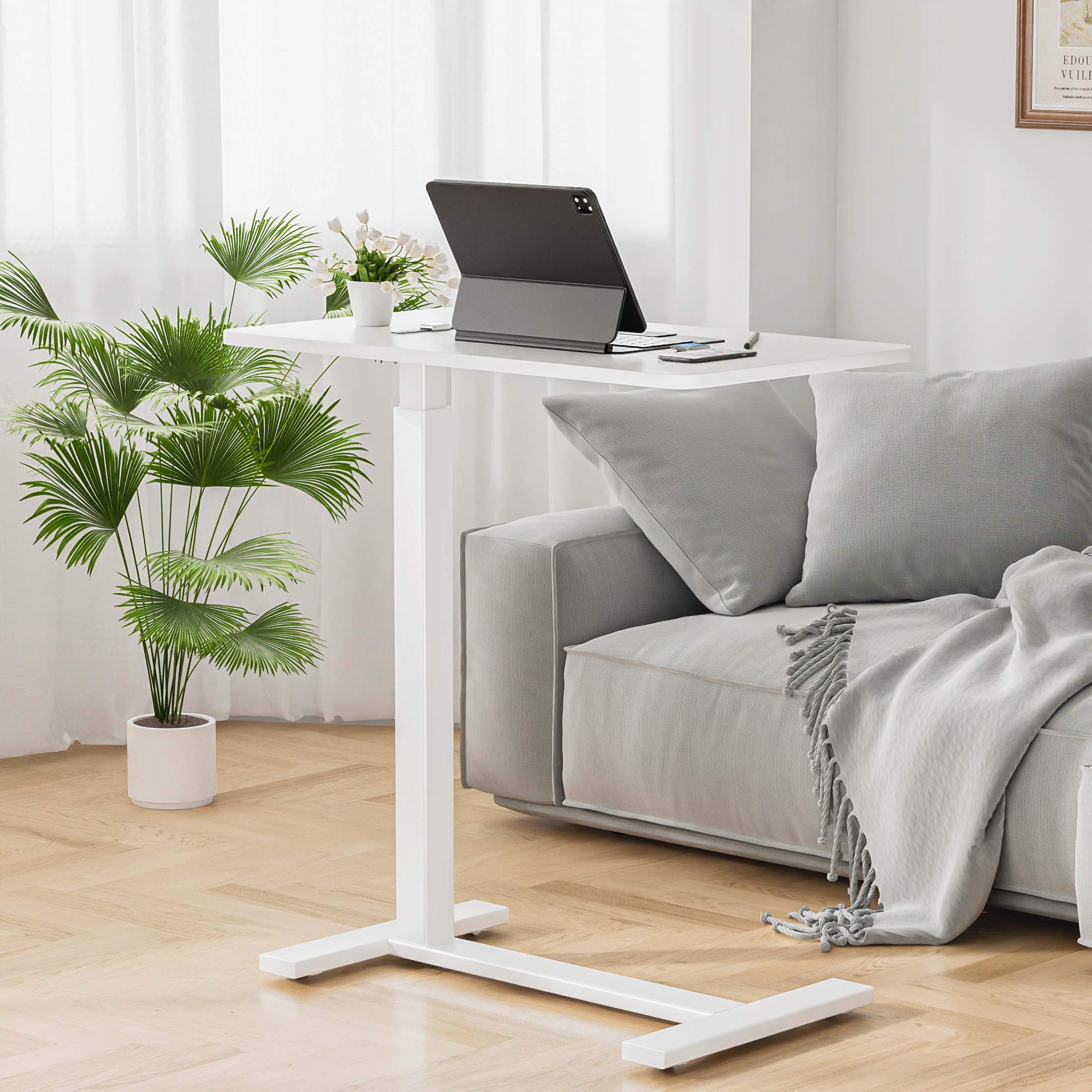 L-Shaped Modern Bedside Table with Wheels, Adjustable Height Tray, Mobile Laptop PC Workstation