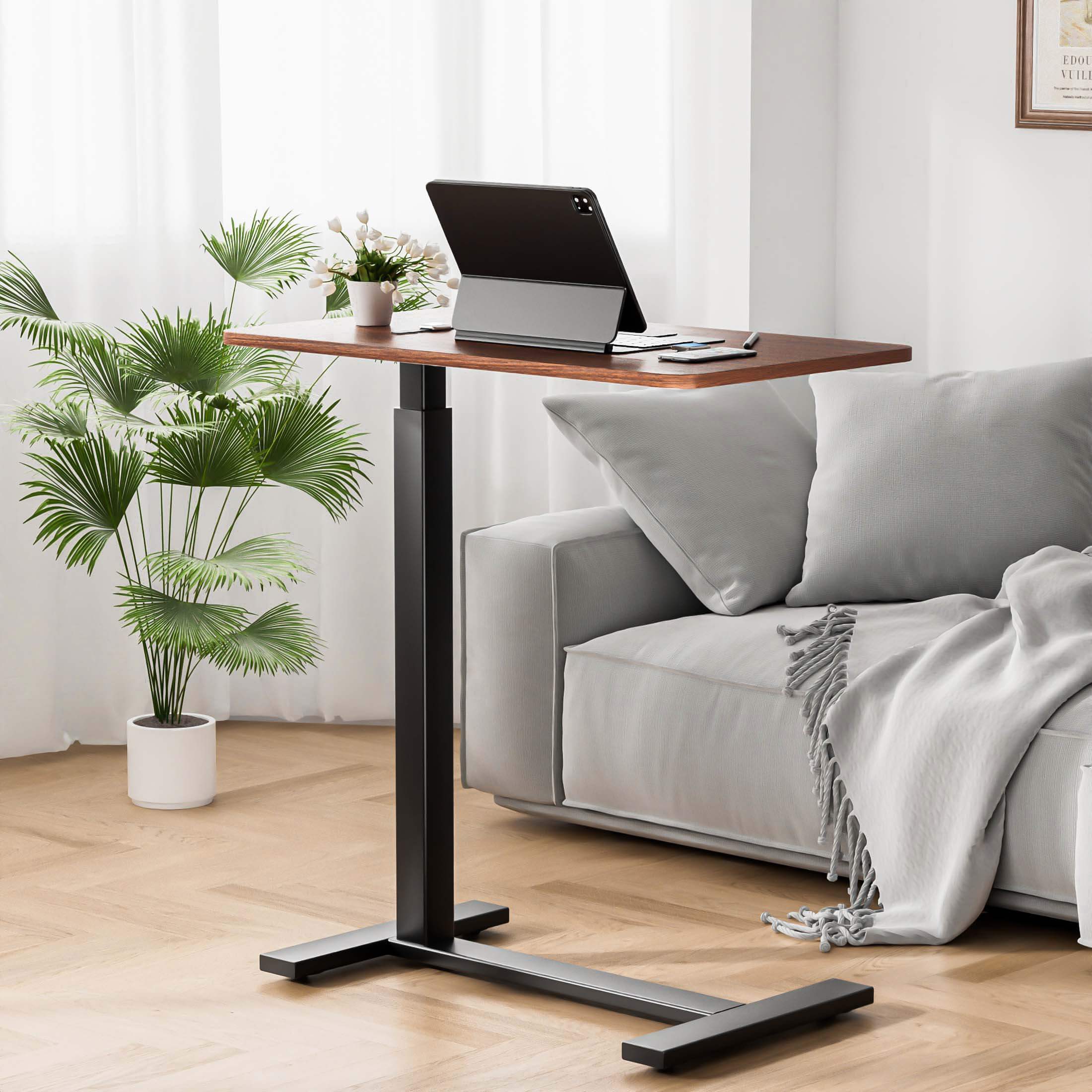 L-Shaped Modern Bedside Table with Wheels, Adjustable Height Tray, Mobile Laptop PC Workstation