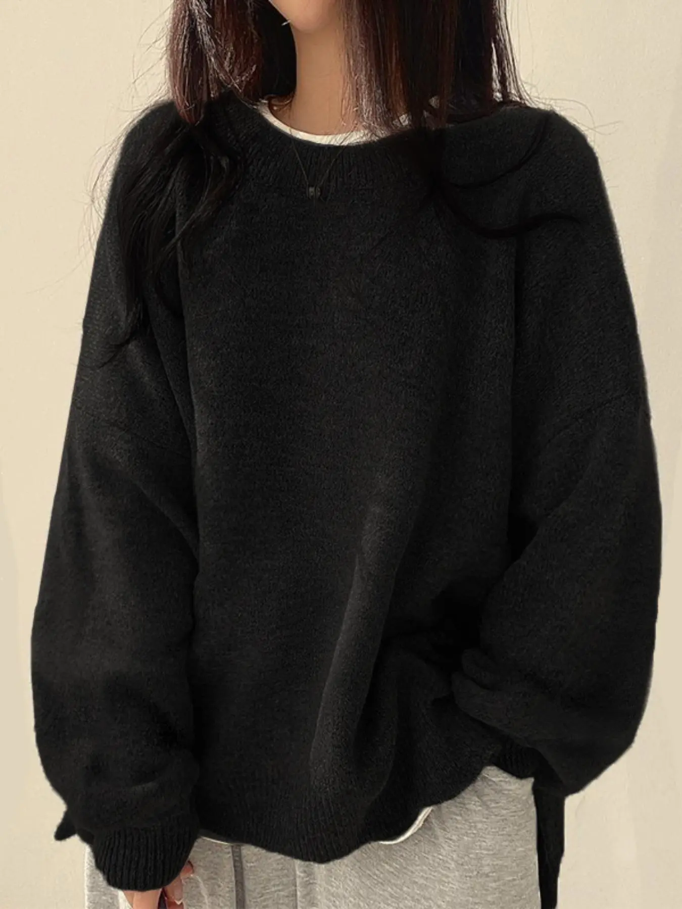 Women’s Long Sleeve Knit Sweater – Relaxed Drop Shoulder Jumper with Split Hem