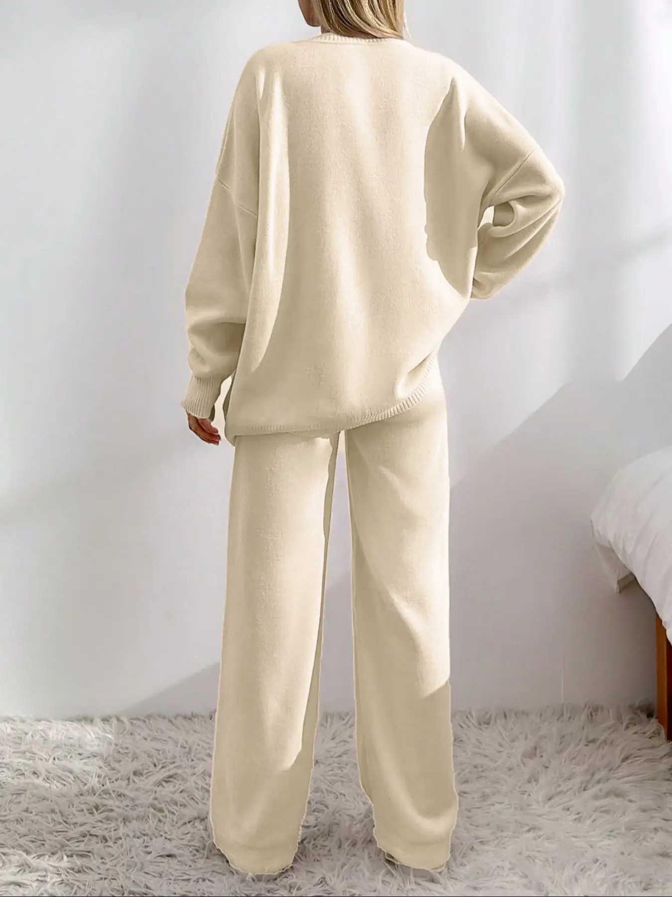 Women’s V-Neck Knit Set – Button Front Cardigan & Wide-Leg Trousers for Autumn & Winter