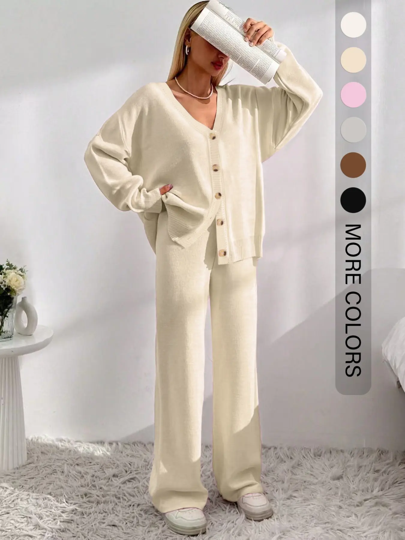 Women’s V-Neck Knit Set – Button Front Cardigan & Wide-Leg Trousers for Autumn & Winter