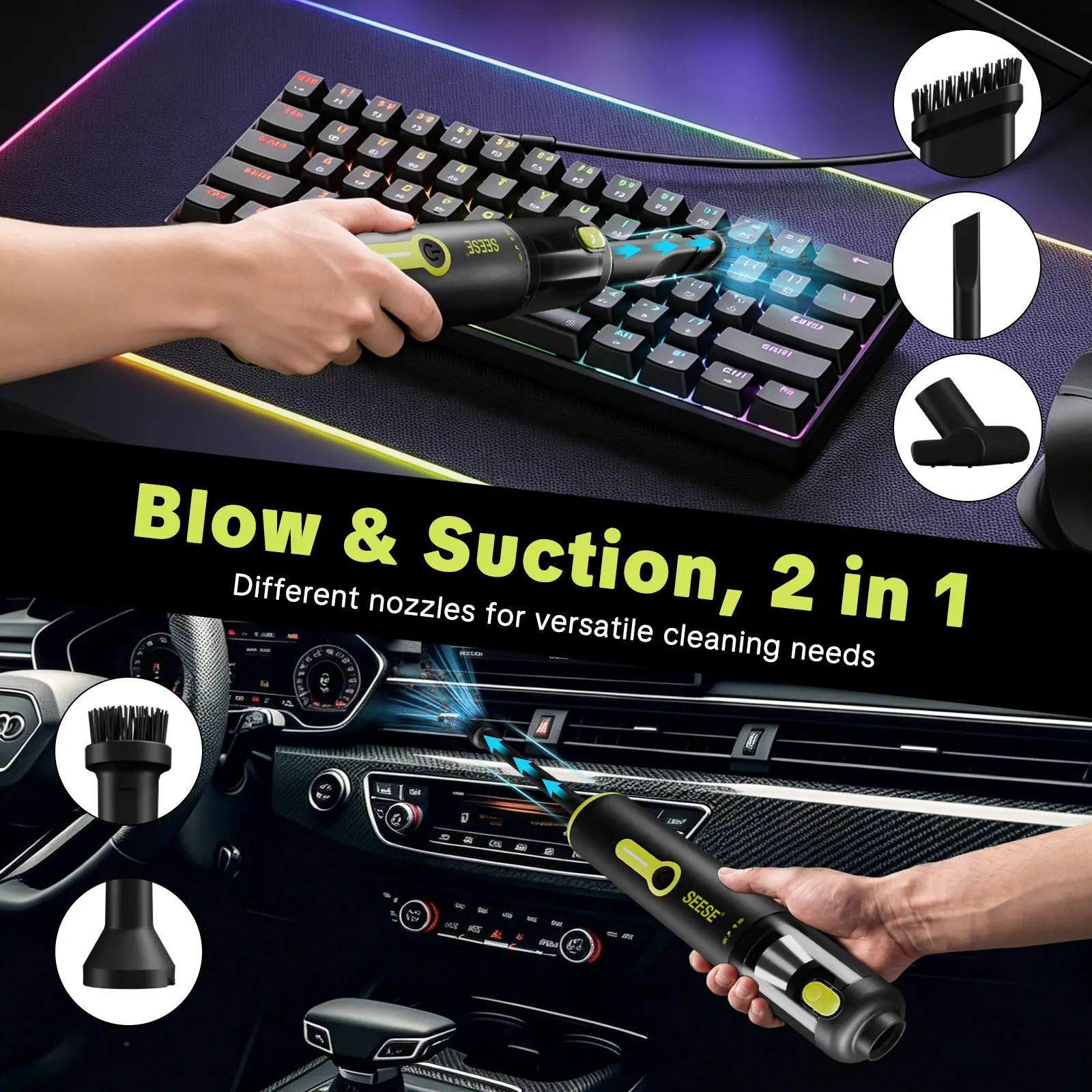 Portable 2-in-1 Car Vacuum Cleaner & Air Duster (20000Pa, 100W Brushless Motor, 6000mAh)
