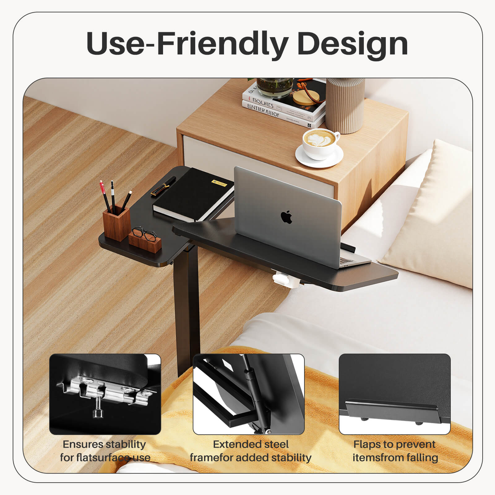L-Shaped Modern Bedside Table with Wheels, Adjustable Height Tray, Mobile Laptop PC Workstation