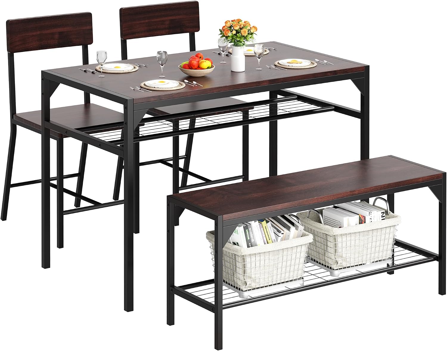 4-Piece Space-Saving Dining Set with Bench - Durable Kitchen Table and Chairs for Dining & Working