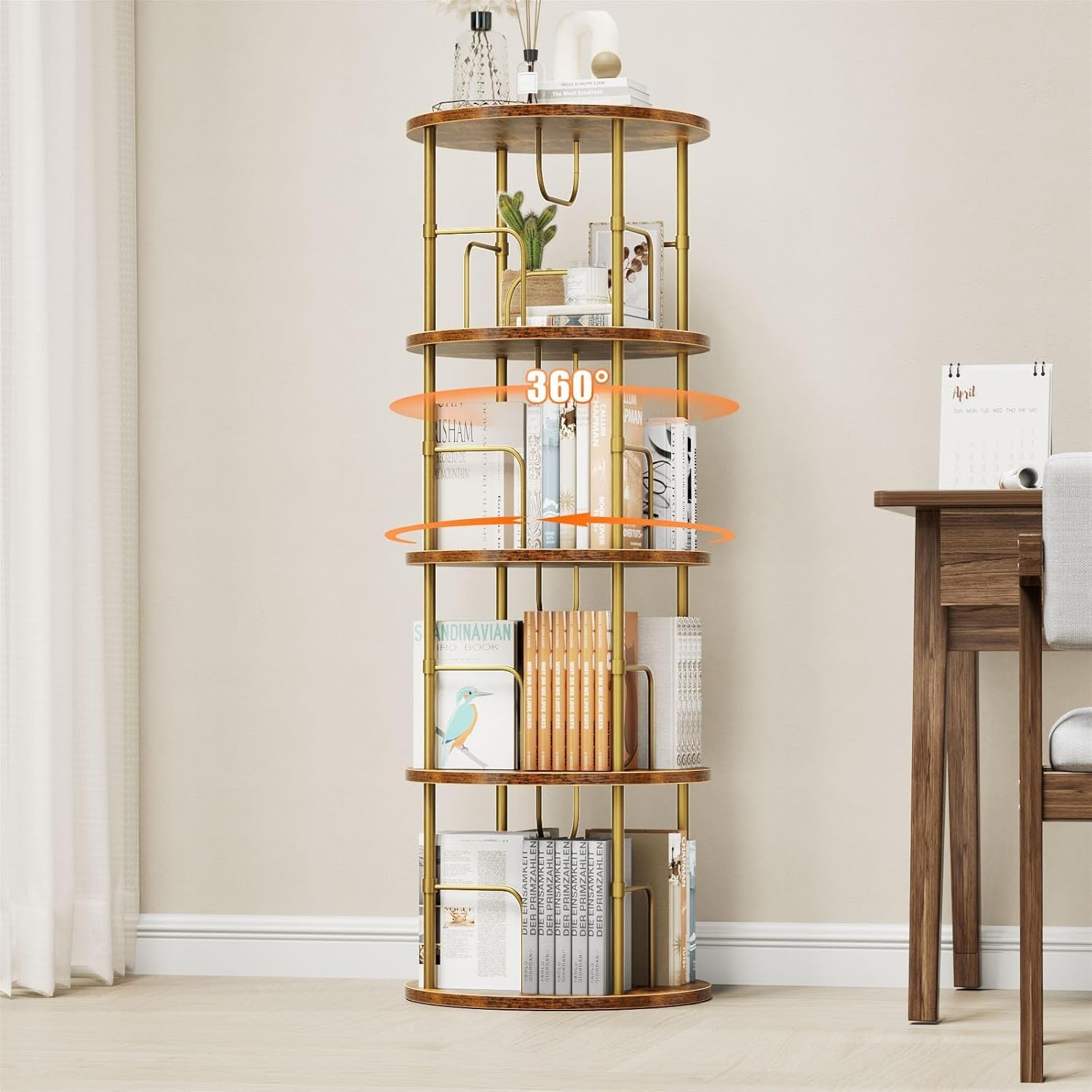 5-Tier Rotating Bookshelf, 360° Spinning Bookcase Tower for Small Spaces