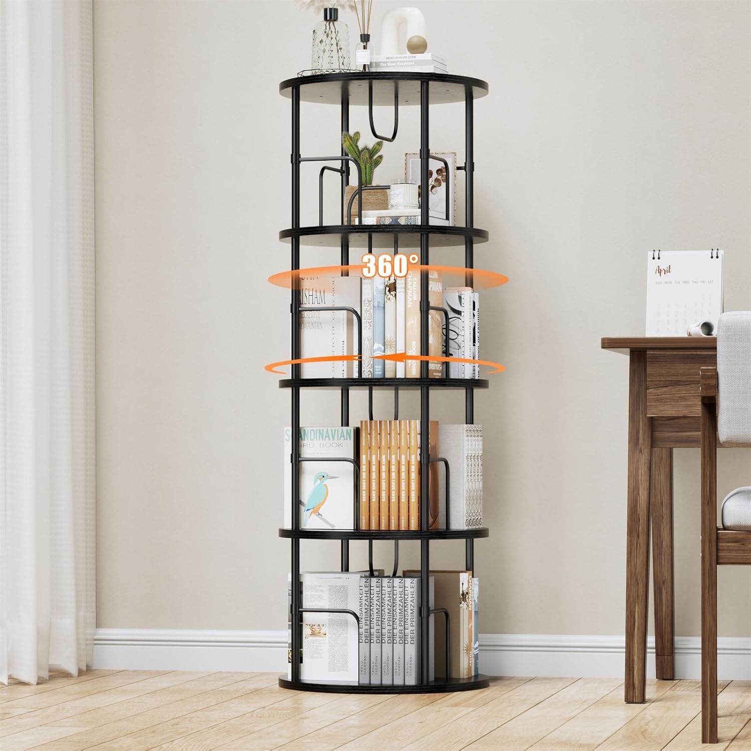 5-Tier Rotating Bookshelf, 360° Spinning Bookcase Tower for Small Spaces