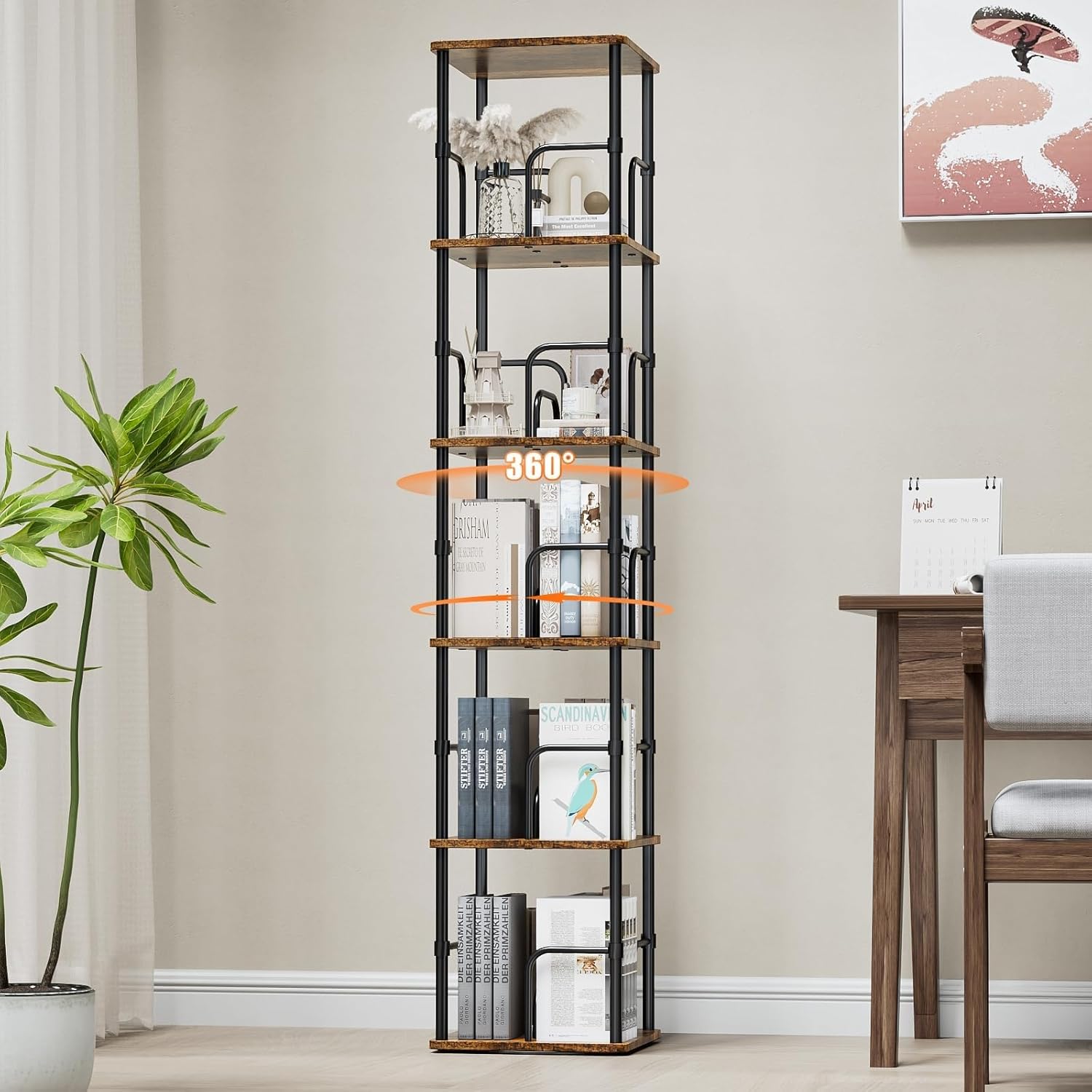 5-Tier Rotating Bookshelf, 360° Spinning Bookcase Tower for Small Spaces