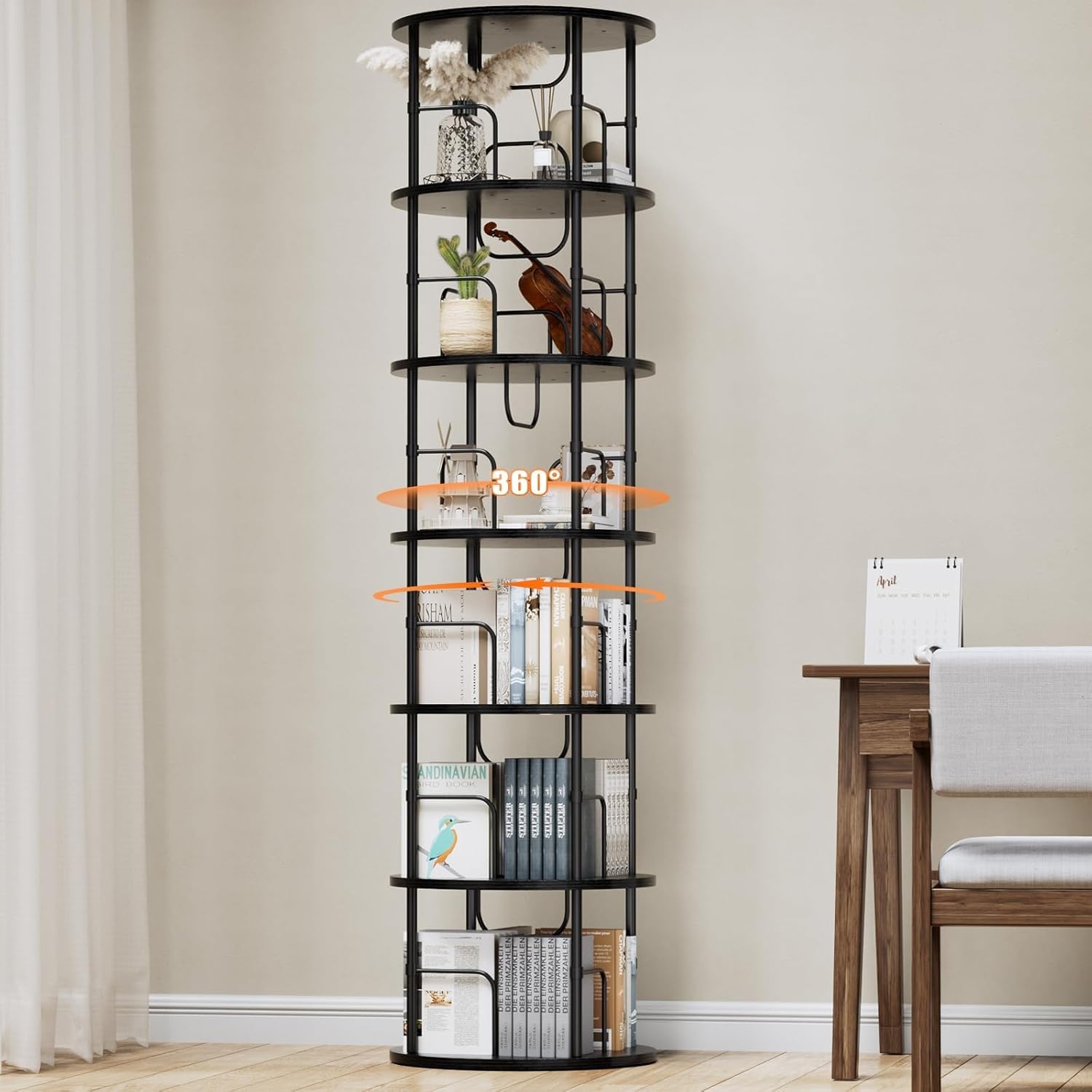 5-Tier Rotating Bookshelf, 360° Spinning Bookcase Tower for Small Spaces