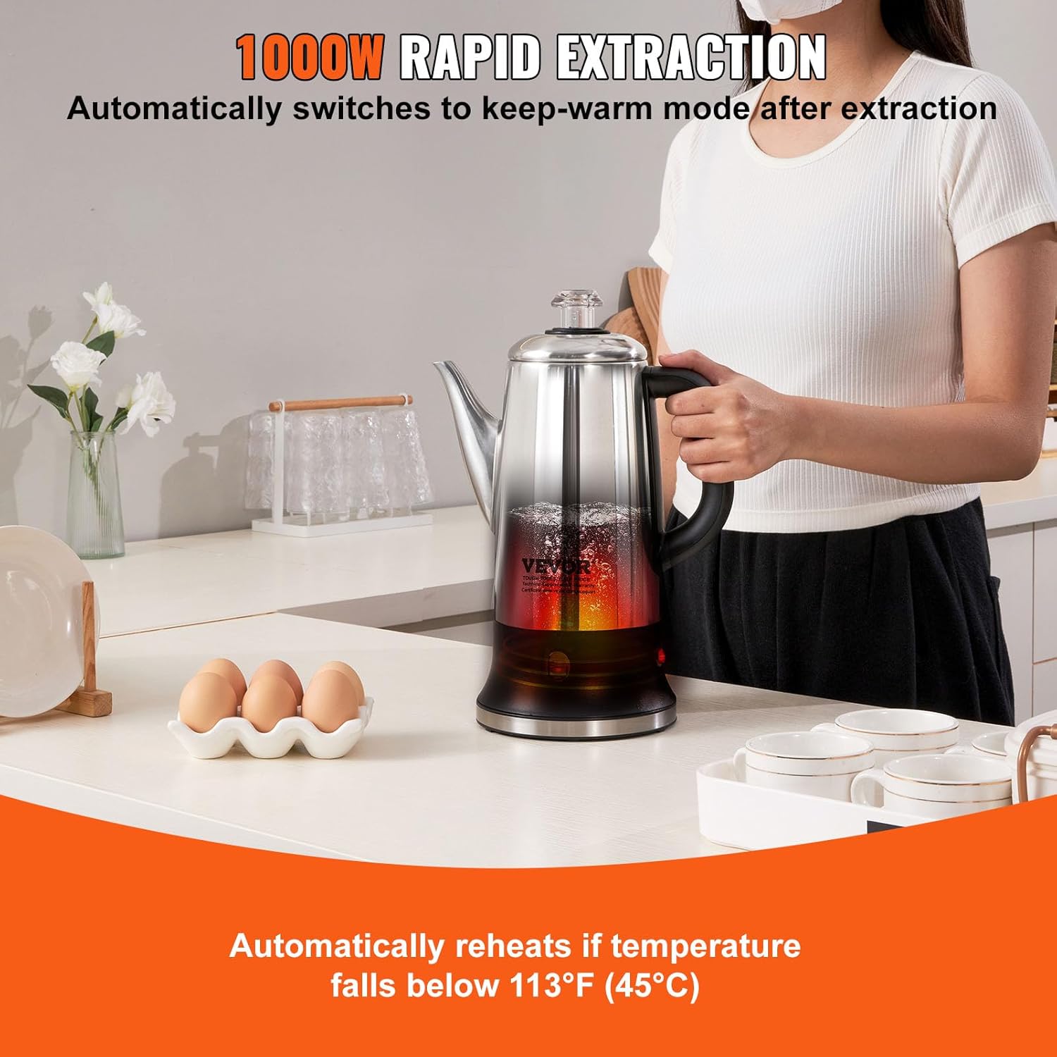 304 Stainless Steel Electric Coffee Percolator, 12-Cup Quick Brew Maker