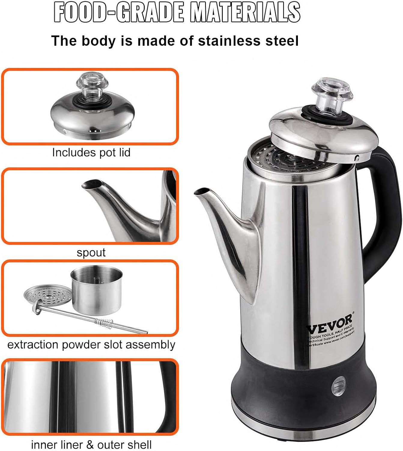 304 Stainless Steel Electric Coffee Percolator, 12-Cup Quick Brew Maker