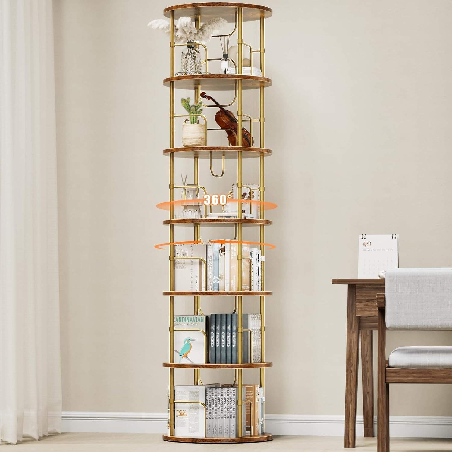5-Tier Rotating Bookshelf, 360° Spinning Bookcase Tower for Small Spaces