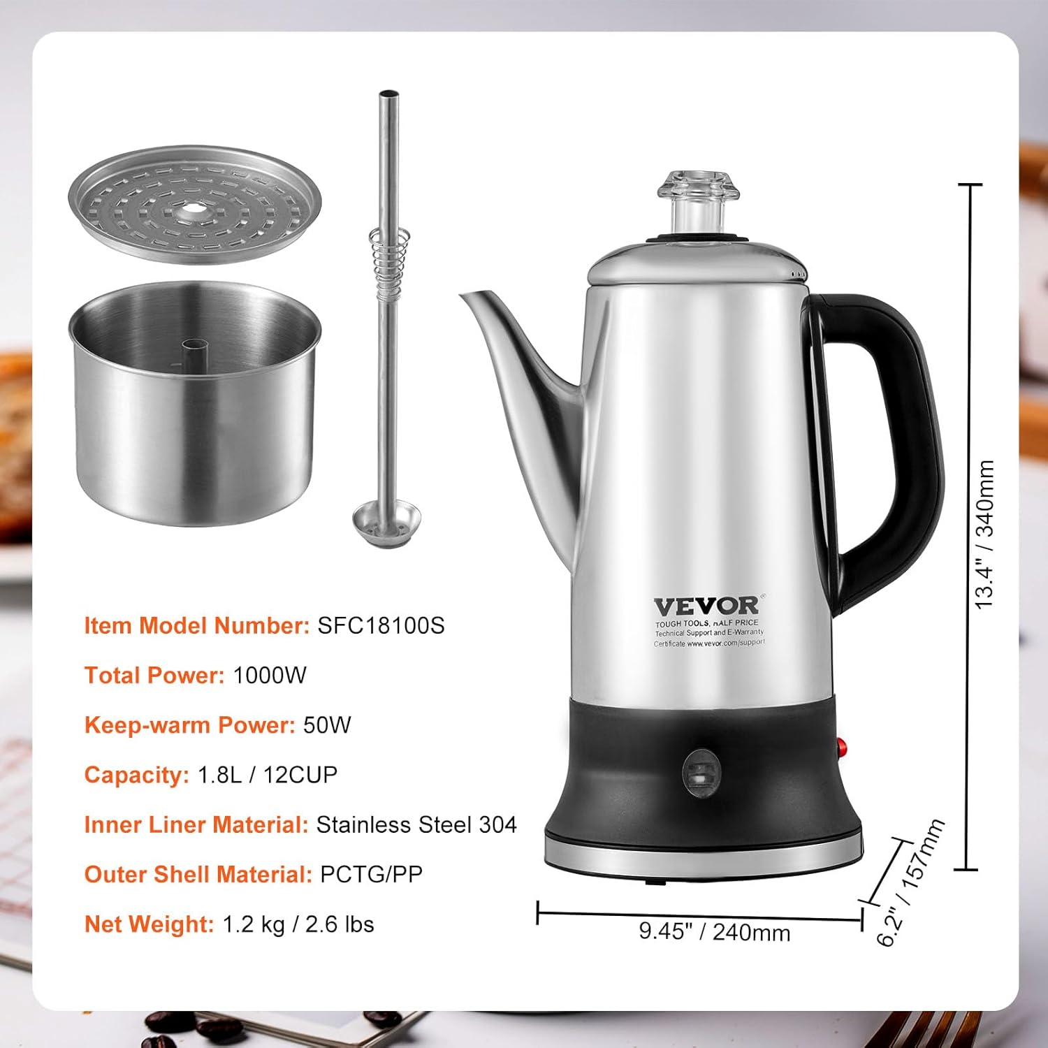 304 Stainless Steel Electric Coffee Percolator, 12-Cup Quick Brew Maker