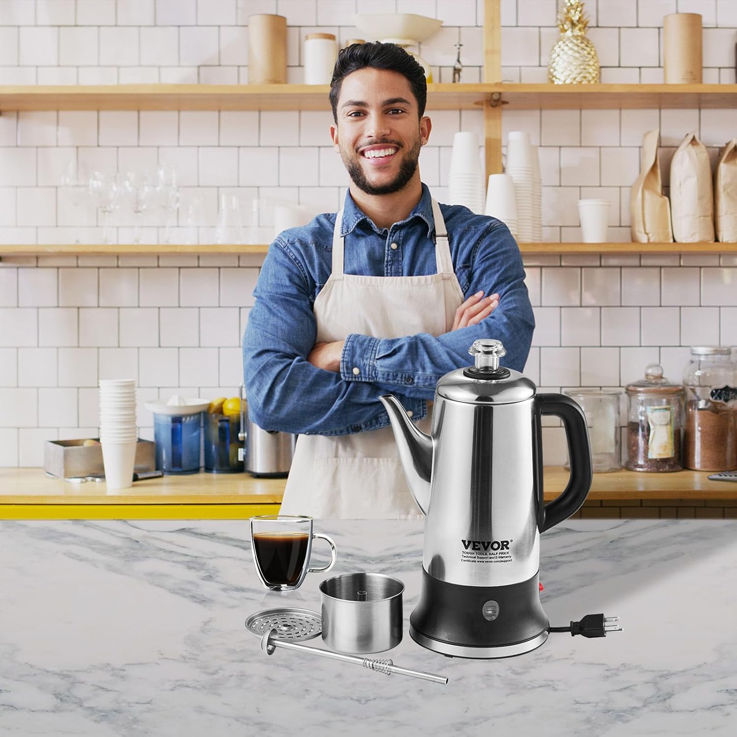 304 Stainless Steel Electric Coffee Percolator, 12-Cup Quick Brew Maker