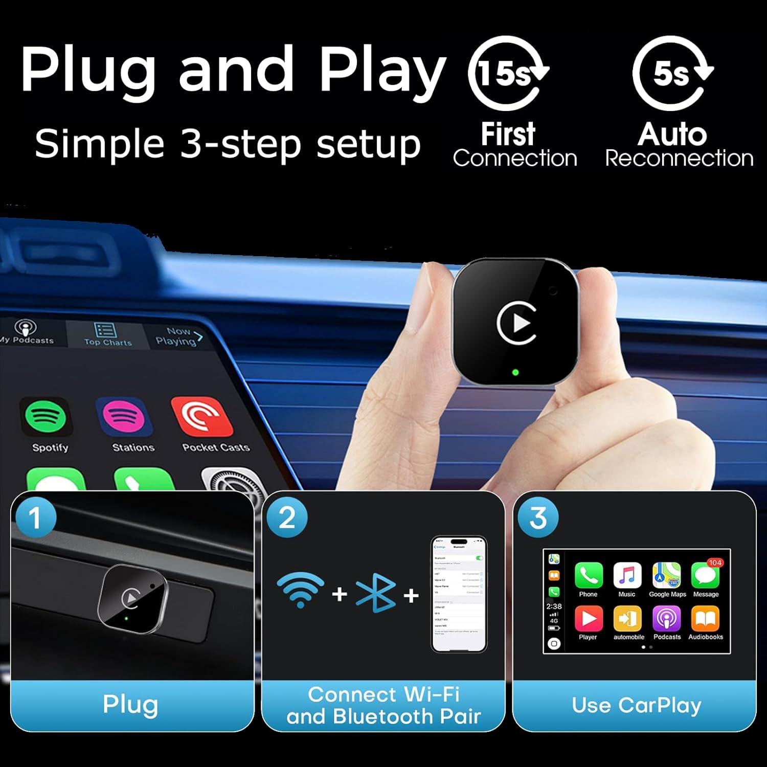 Wireless CarPlay & Android Auto Adapter, 2-in-1 Mini Wireless Car Dongle