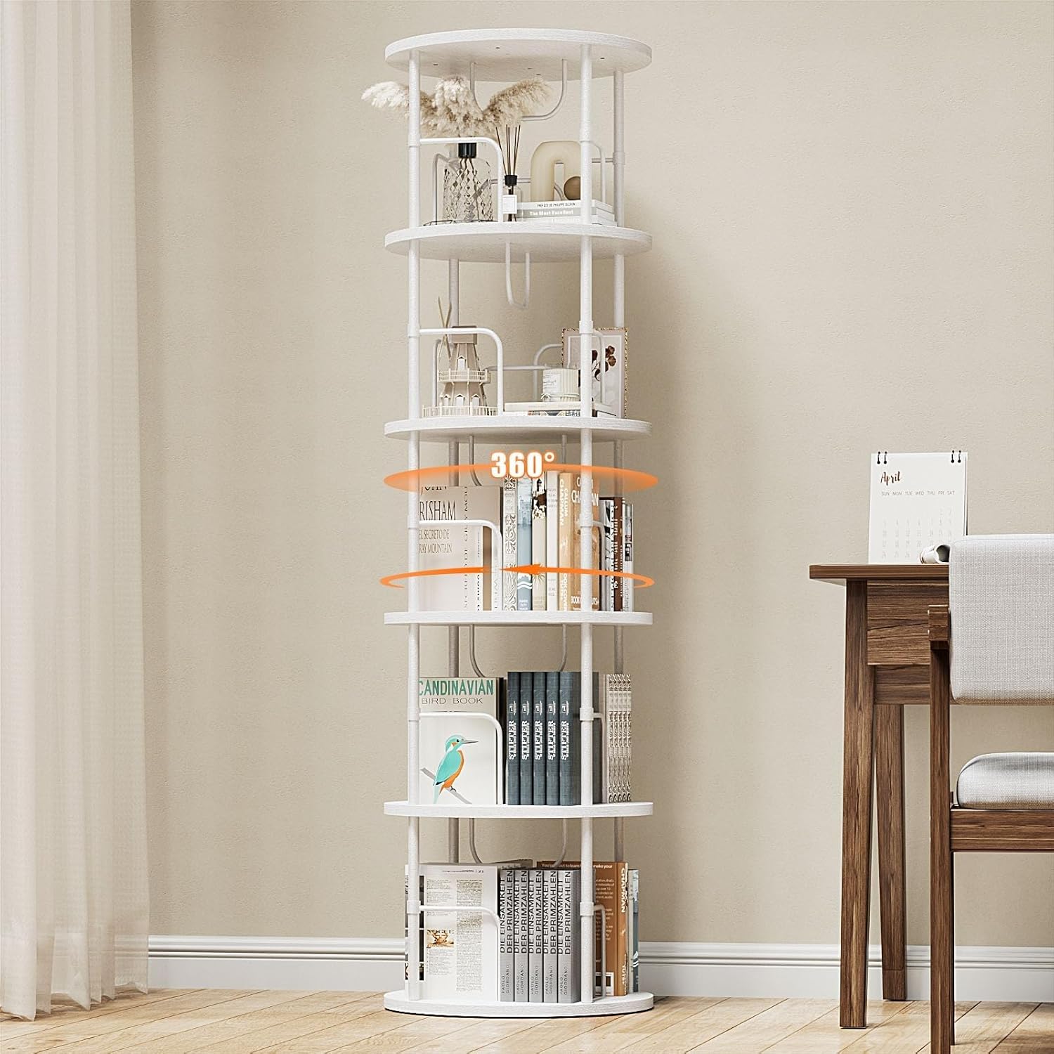 5-Tier Rotating Bookshelf, 360° Spinning Bookcase Tower for Small Spaces