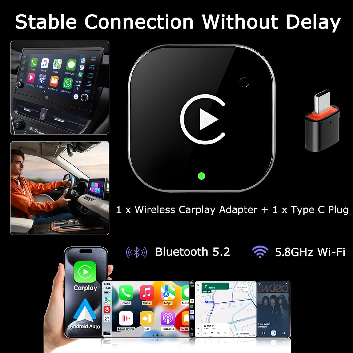 Wireless CarPlay & Android Auto Adapter, 2-in-1 Mini Wireless Car Dongle