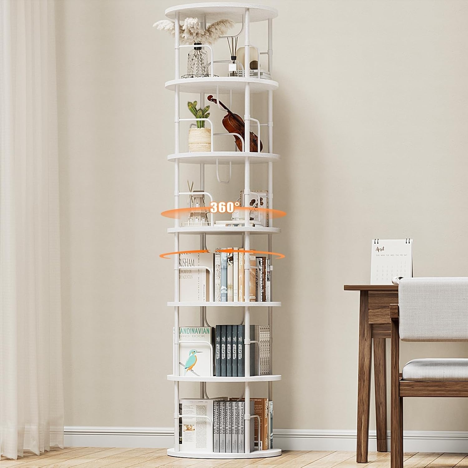 5-Tier Rotating Bookshelf, 360° Spinning Bookcase Tower for Small Spaces